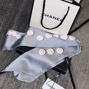 Silver Silk Scarf with Cream Dots